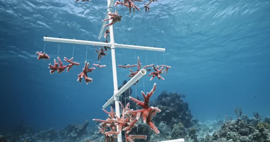 A plastic pole with pieces of coral reef hanging from it underwater with sand