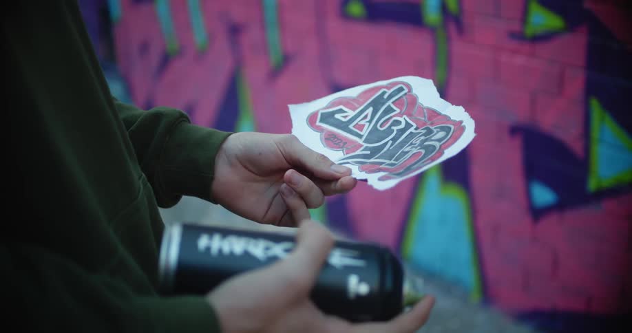 A man holding spray paint and looking at a sketch
