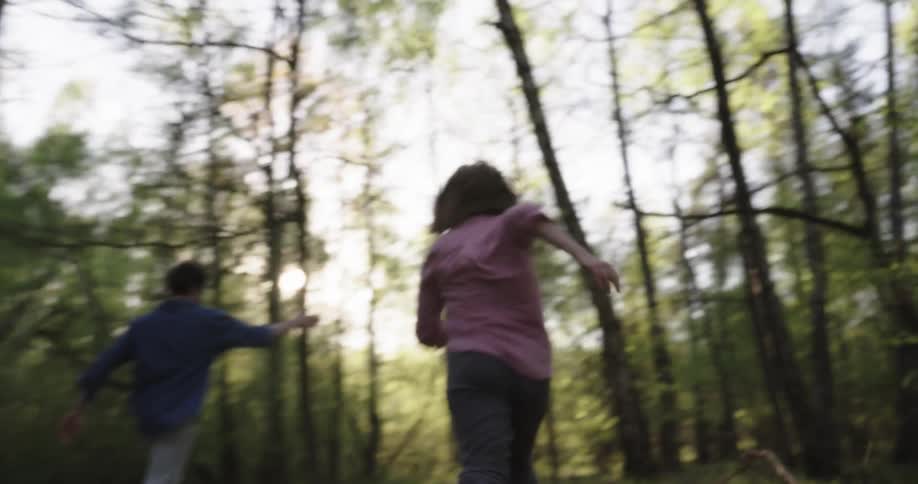 A man and woman lie on the grass in a forest kissing and then the man runs away and the woman chases after him and they laugh and hug