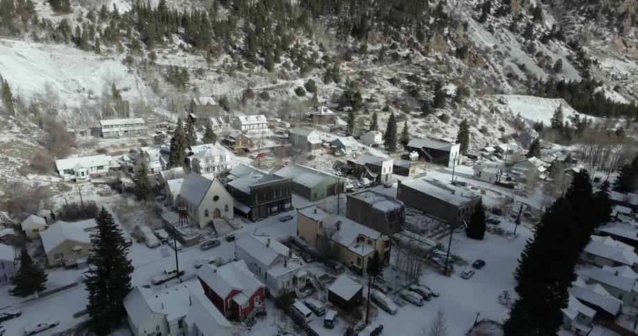 Snow covers a town with several tall green trees