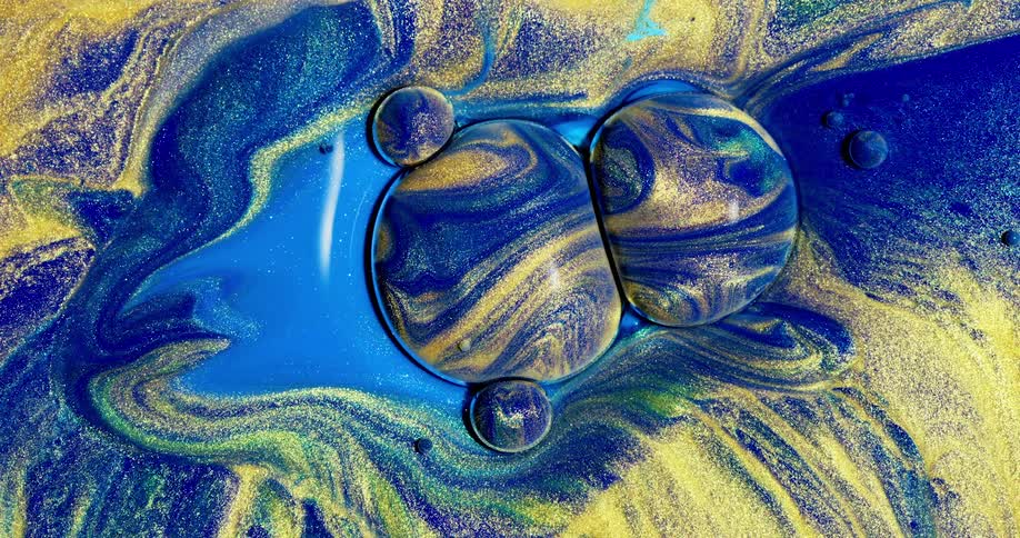 Blue and yellow waves bubbles and swirls glitter and blend
