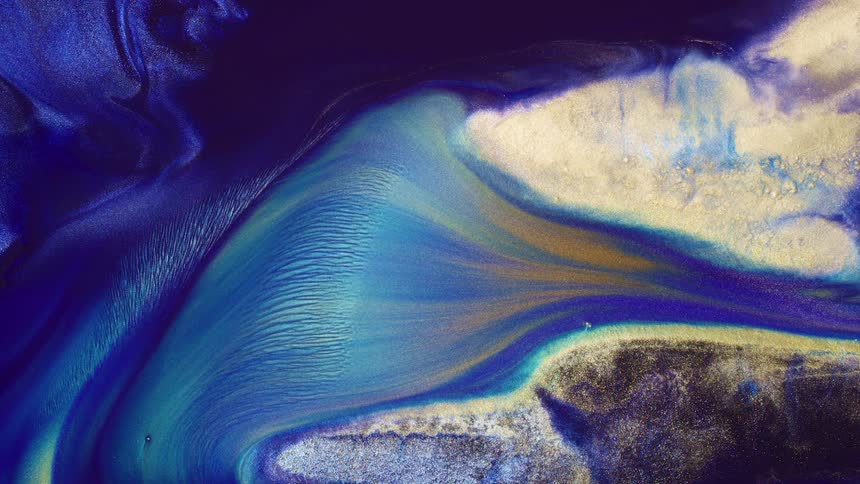 A blue and orange liquid is flowing through the neck of a white black and blue solid