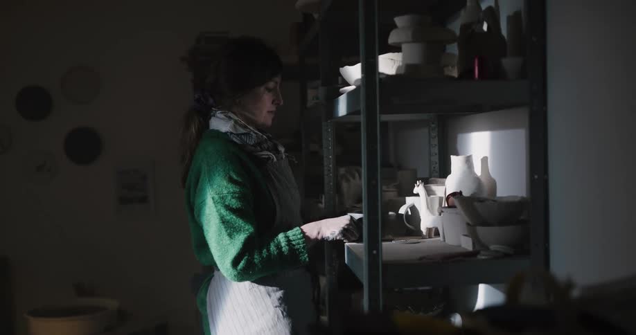 A sculptor putting a bowl on a shelf