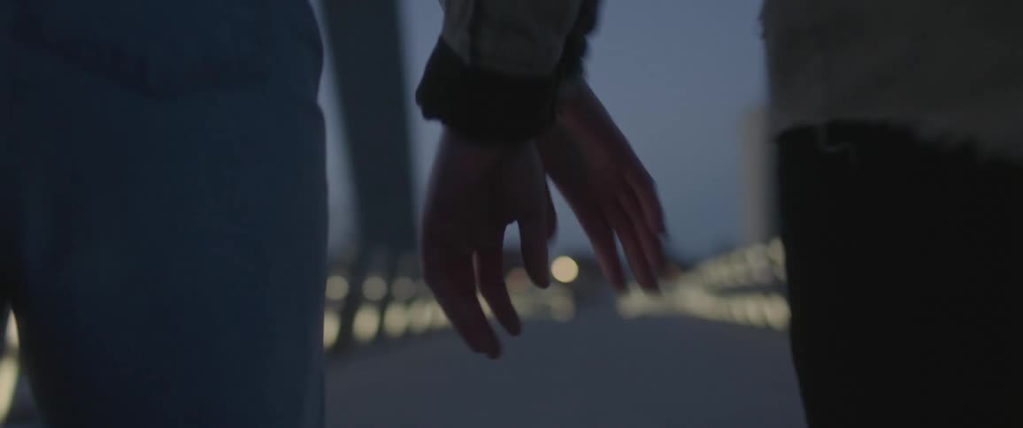 Young couple cross a bridge holding hands at evening