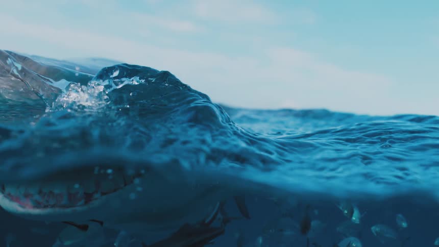 A shark swims up just above water level