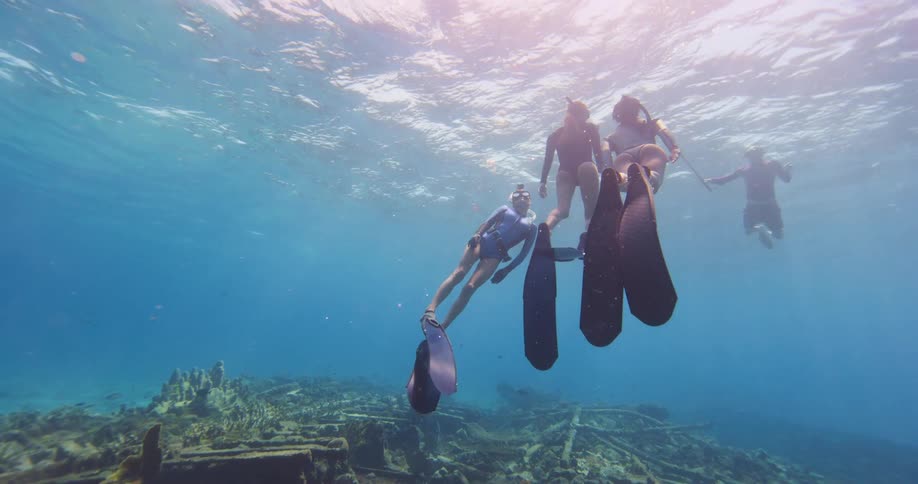 Trio of female freedivers swimming up to the surface of the blue ocean waters