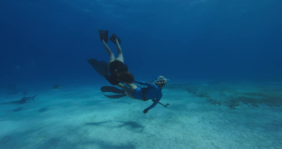 Three women with snorkels and flippers swimming underwater with sharks