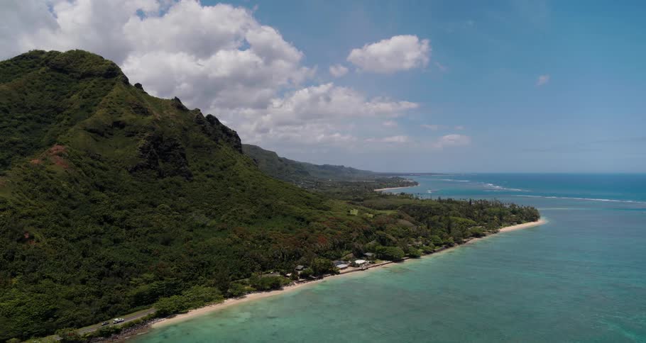 Road and buildings on the coast of an island