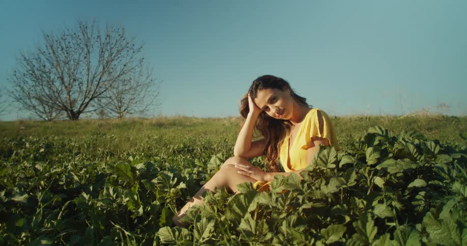 A portrait of a woman sitting in a field