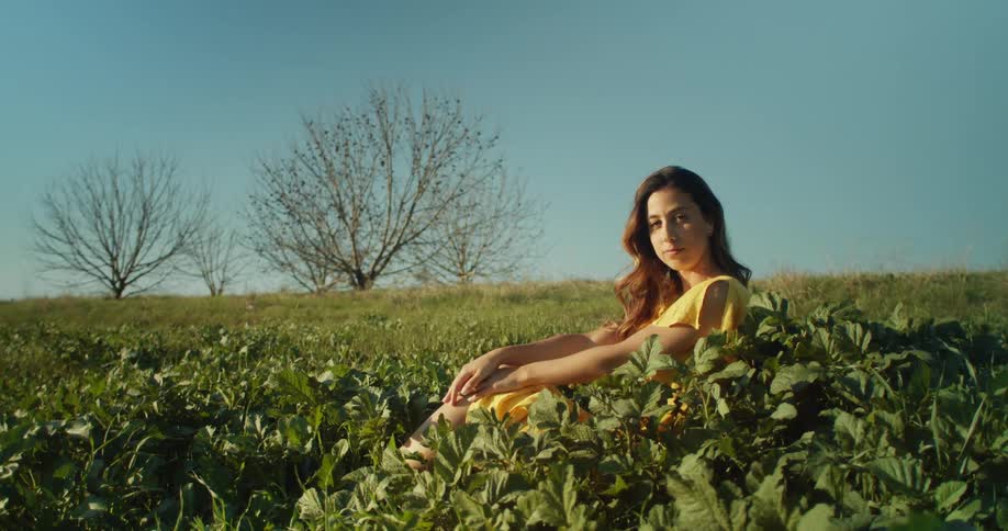 A woman with a yellow dress sitting on a grassy field with plants with trees the sky and clouds in the background