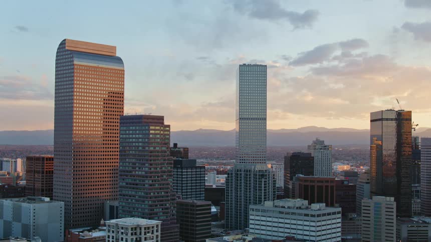 Aerial view of the skyscrapers on the citys downtown at sunset