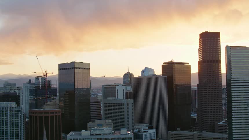 An aerial shot of a skyline