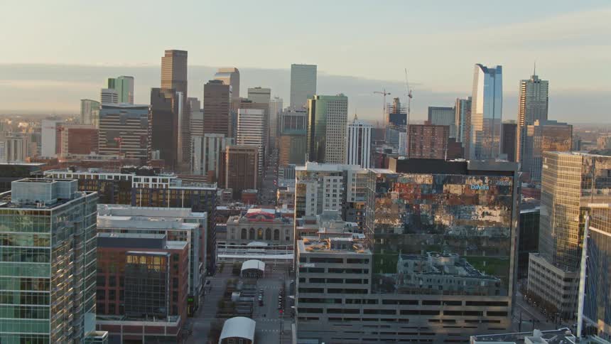 An aerial view of high rise office buildings in a city