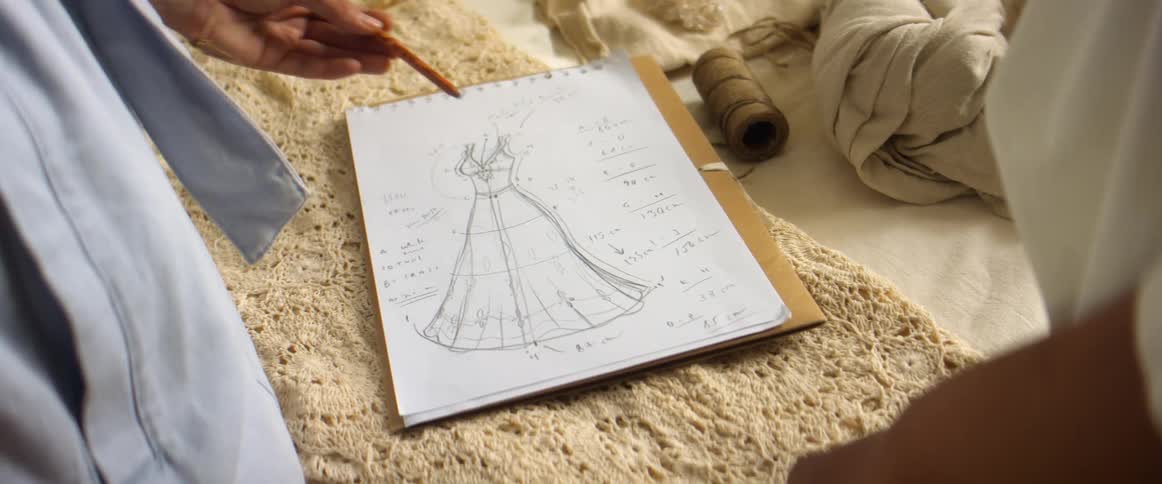 A person in a room holding a pencil and talking about a drawing of a dress on a notepad
