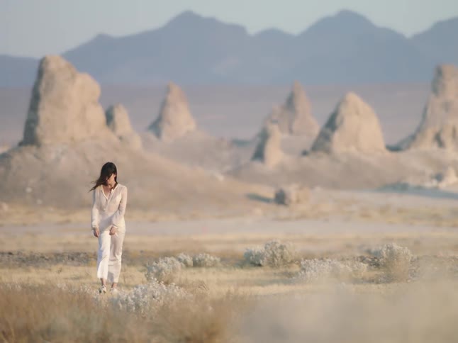 A woman walks in the desert as the wind blows her long hair and clothing