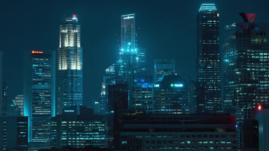 Time lapse of the construction of a building in the citys downtown at night