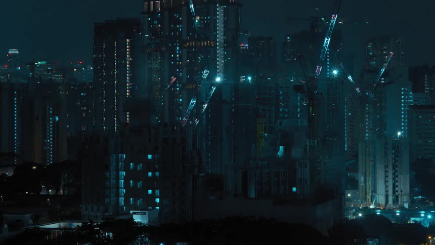 Time lapse of the construction of a building in the citys downtown at night