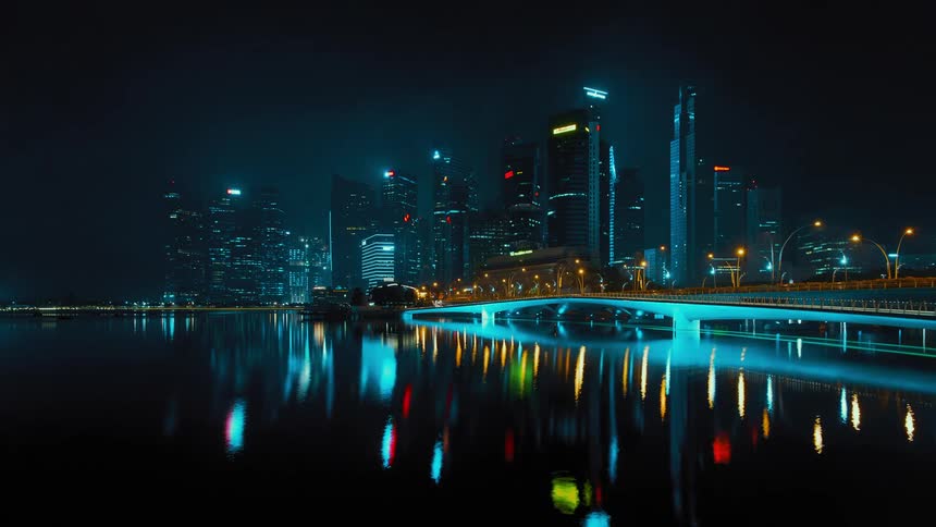 Traffic flows over bridge as rippling water reflects city lights at night