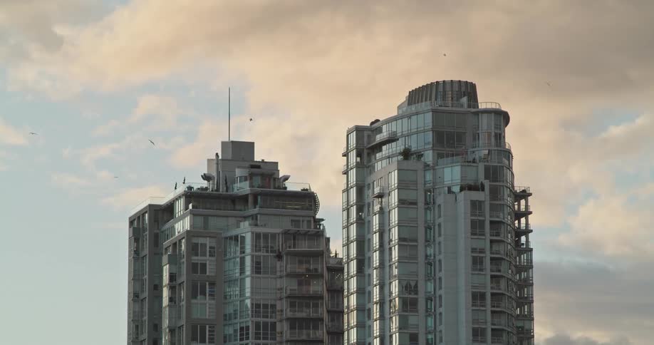 Two buildings with birds flying in the air with the sunset sky and clouds in the background