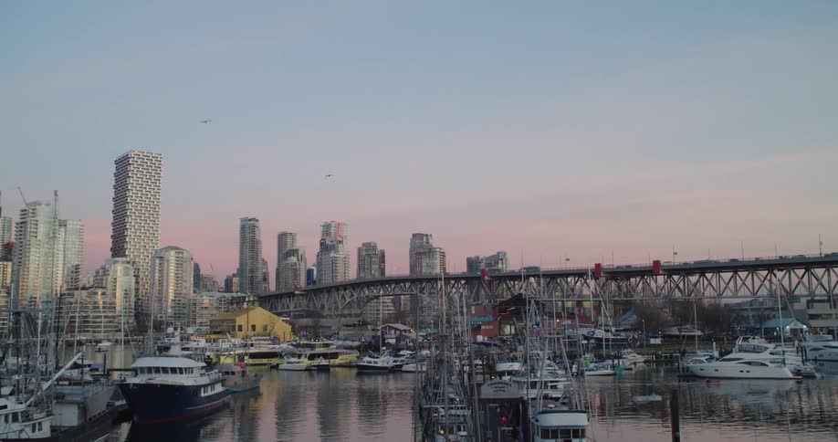 Numerous boats are docked at a marina located next to a metropolitan area at dusk