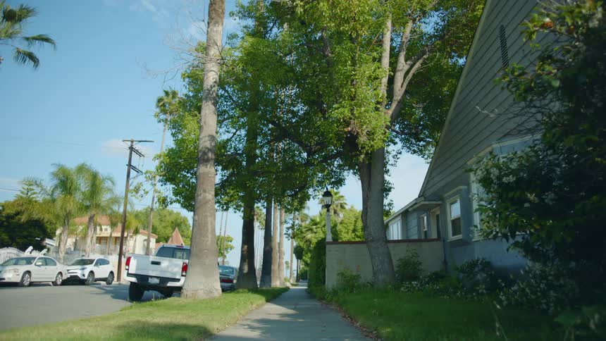 Parked vehicles line street outside homes in suburban neighborhood