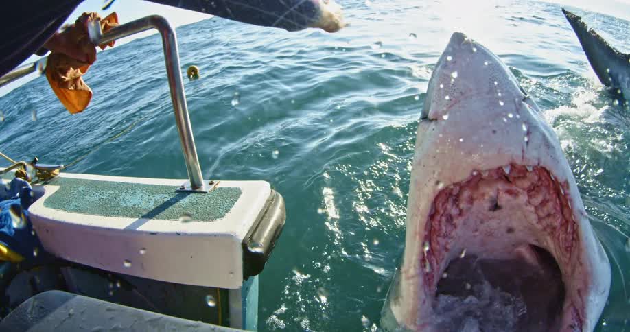Man pushing a large shark away from his boat