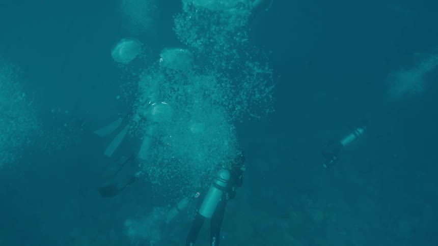 Bubbles under water as divers swim