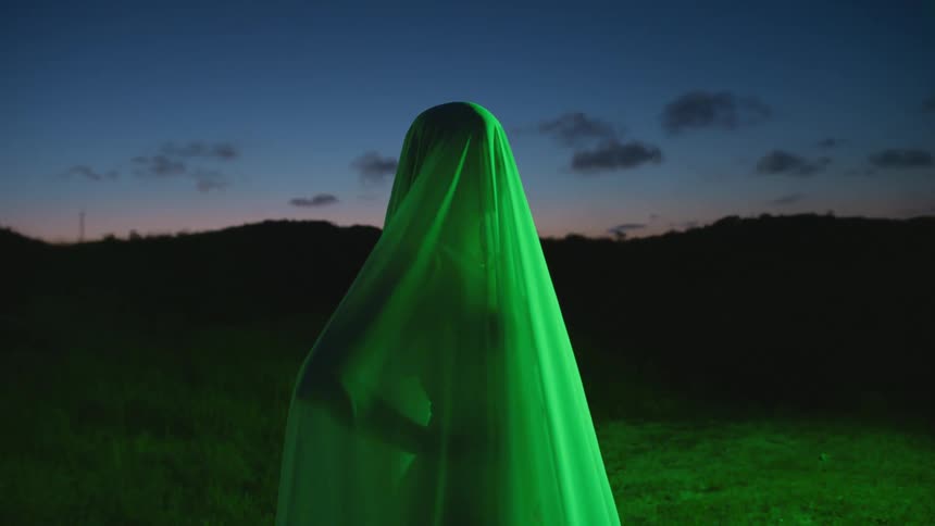 The silhouette of a woman standing in the grass with her full body covered in a green sheer veil