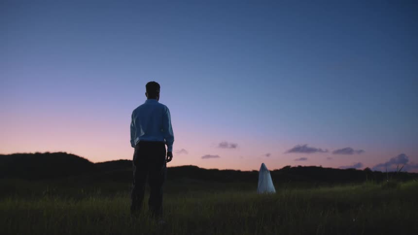 A woman in a wedding dress stands in a field and a man stands back looking at her