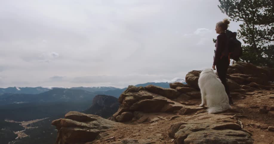 A large white dog sits next to a woman standing and looking out over a rocky ledge