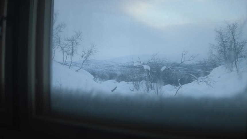 Snow covered bank and water stretching toward foggy horizon are visible through window glass