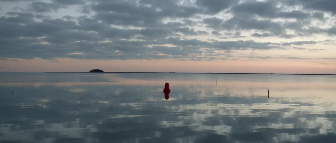 A red buoy floats on flat water at sunset