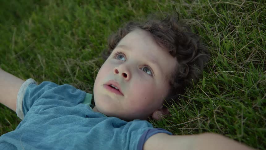 A boy is laying in the grass in spring
