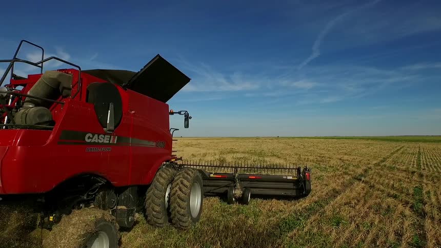 A combine moves slowly through a field
