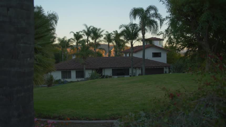 A residential building has a well maintained lawn and many palm trees around it