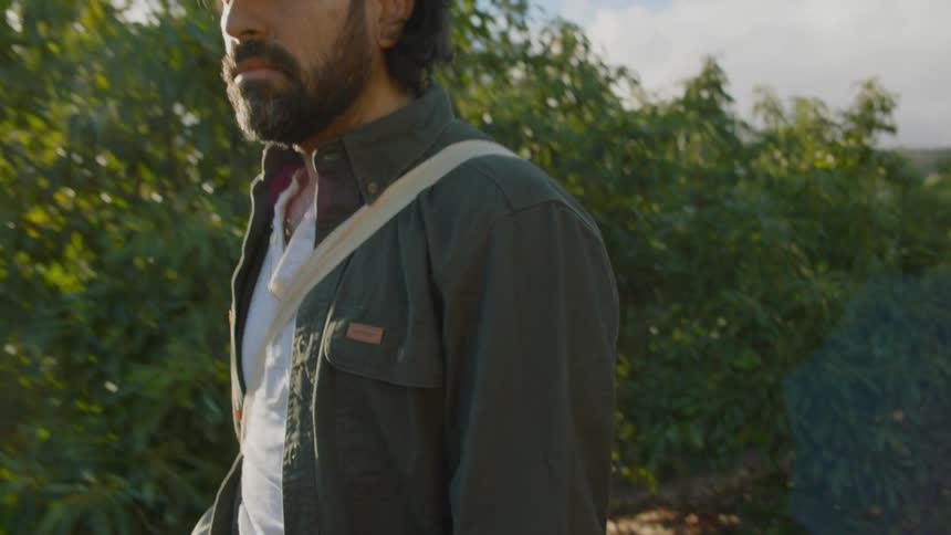 Bearded man walks through the orchard on a sunny day