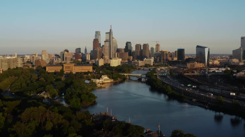 Aerial view of downtown Philadelphia at dusk