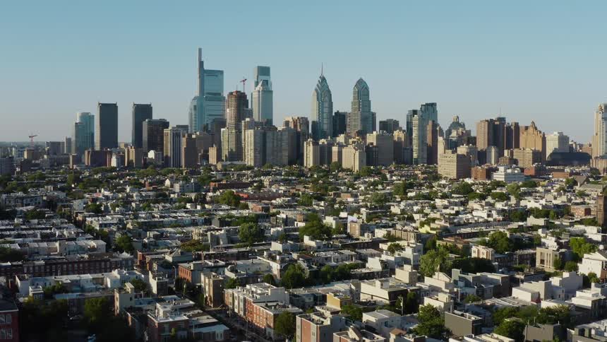 A city and skyline is displayed in spring
