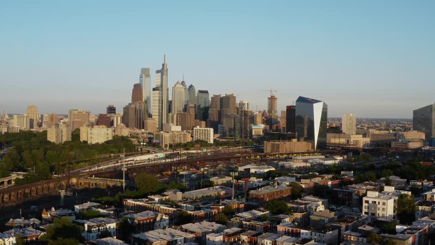 Aerial view of a downtown Philadelphia in spring
