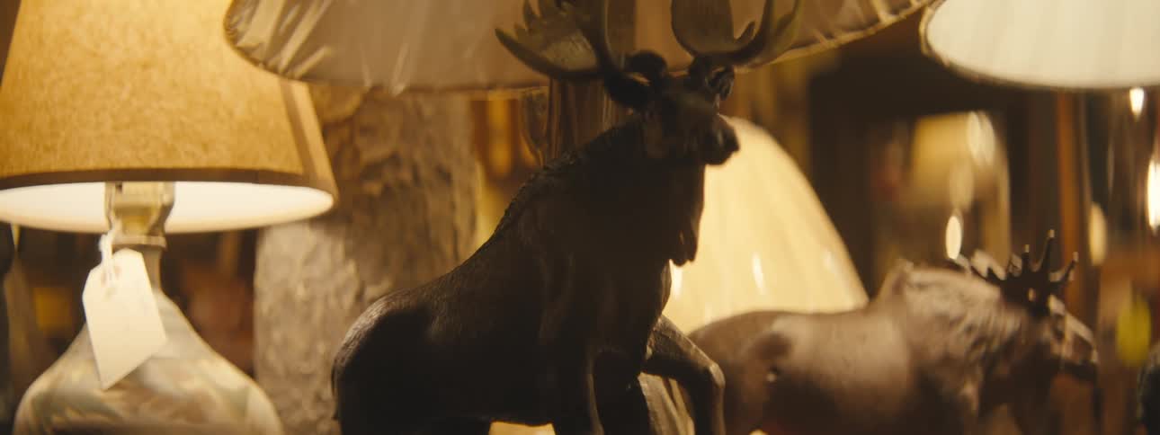 In a store with many lamps for sale there is one with a moose statue attached to it