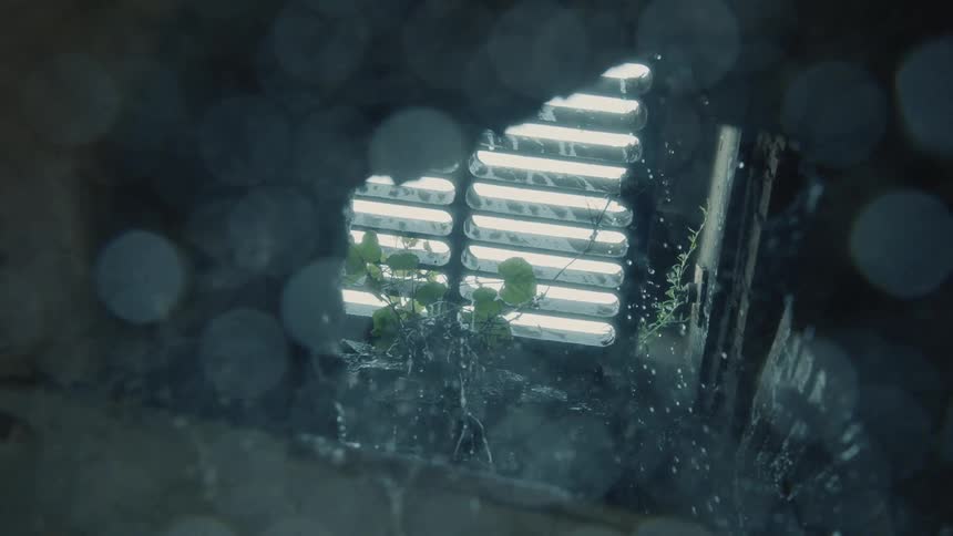 Water slips between grill to outside to splash past plant