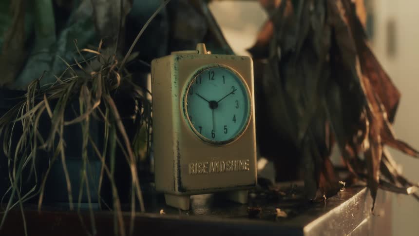 A clock on the nightstand in a room with dried up plants and a wall in the background