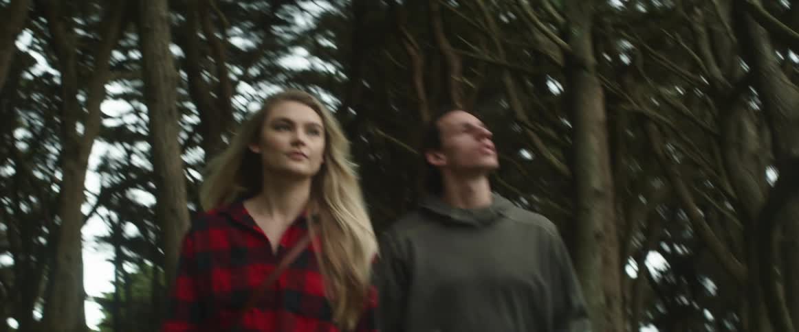 Two people walk through a forest together