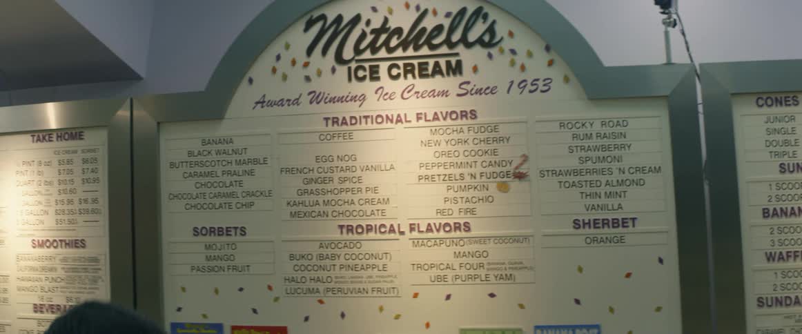 A menu on the wall has many different ice creams