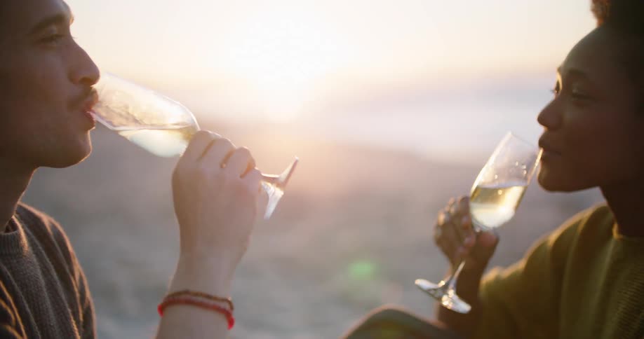 A man and woman toast and drink from their wine glasses while sitting together on a beach during the day