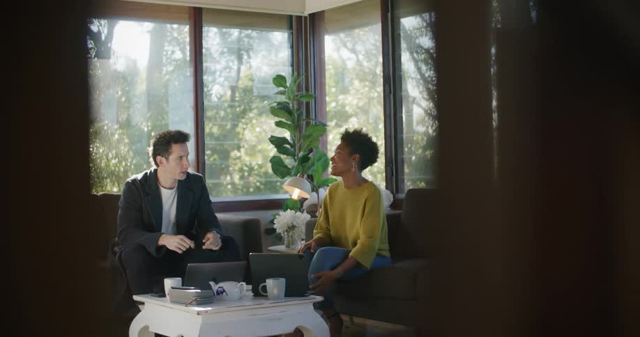 Woman and man talking