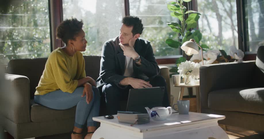 Woman and man talking