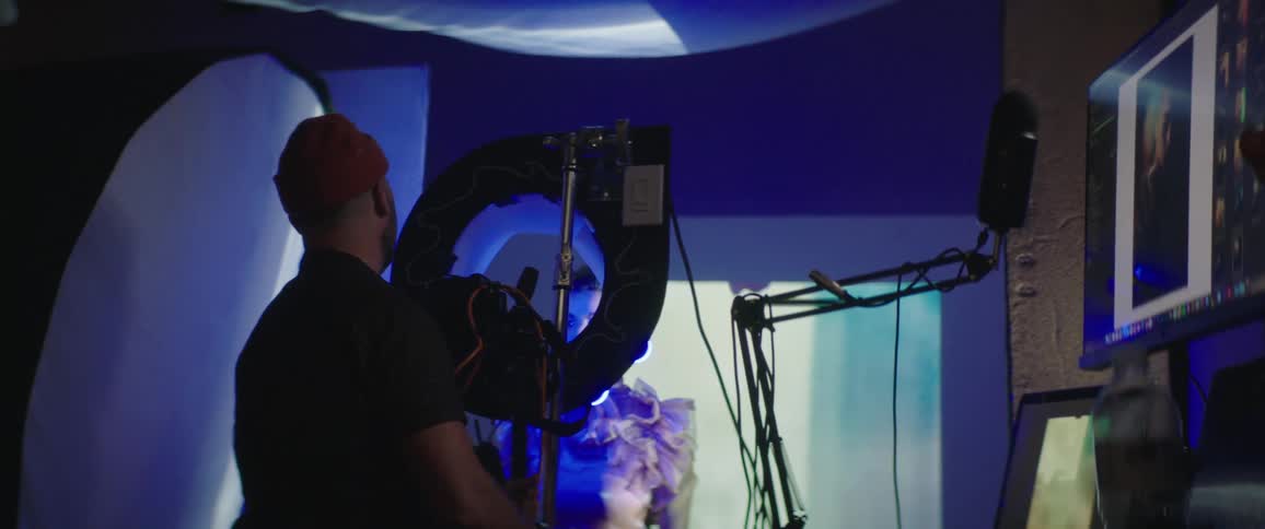 A photographer is setting up