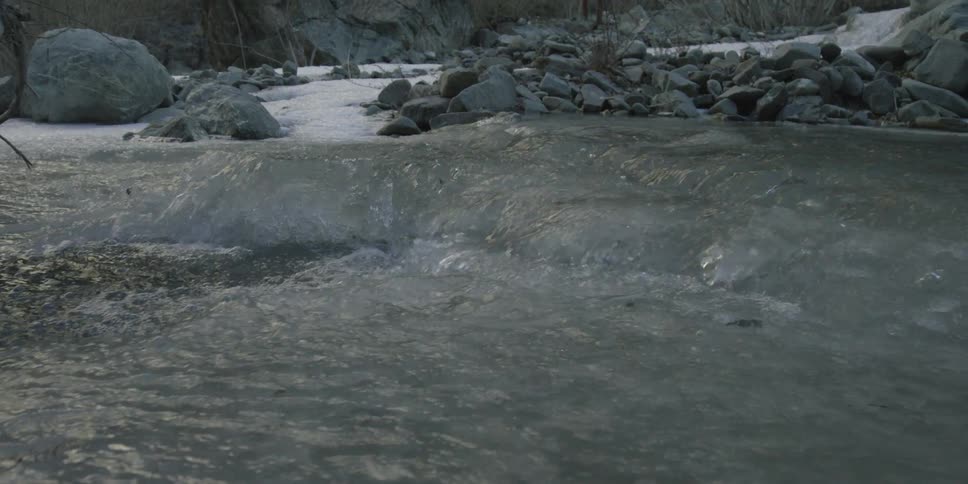 A river flows over ice and rocks