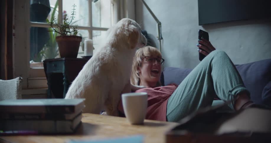 A woman lays on the couch having a video call on her cell phone and playing with a dog
